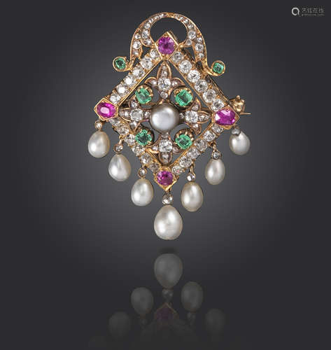 A mid 19th century gem-set lozenge brooch, set with a grey button pearl within a border of diamond