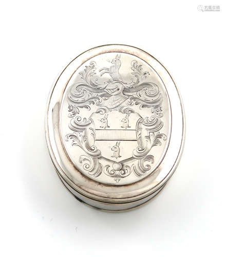 A George I silver tobacco box, by Edward Cornock, London 1723, oval form, the cover with an armorial