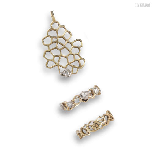 A diamond-set gold ring-set and pendant by John Donald, of geometric design, formed with openwork
