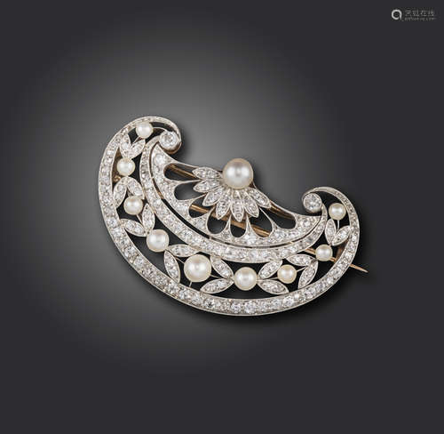 A Belle Epoque pearl and diamond brooch, the stylised fan is pierced and set with diamond and