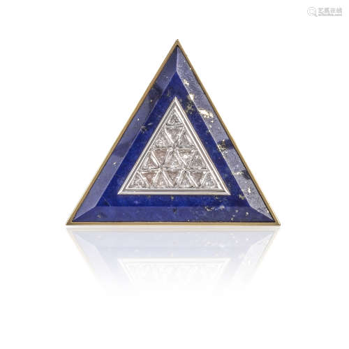 A diamond and lapis lazuli brooch pendant by Gerald Benney, the triangular brooch set with a central