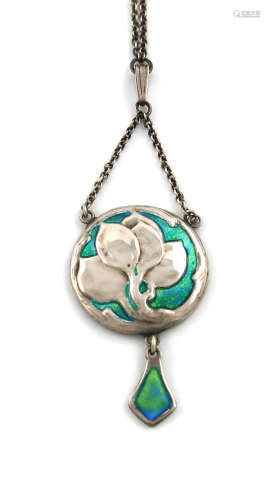 By William Hutton and Sons, an Edwardian silver and enamel pendant, Birmingham 1902, circular