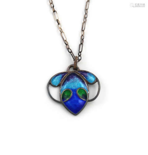 By William Haseler, an Edwardian Art Nouveau silver and enamel pendant, Birmingham 1908, shaped form