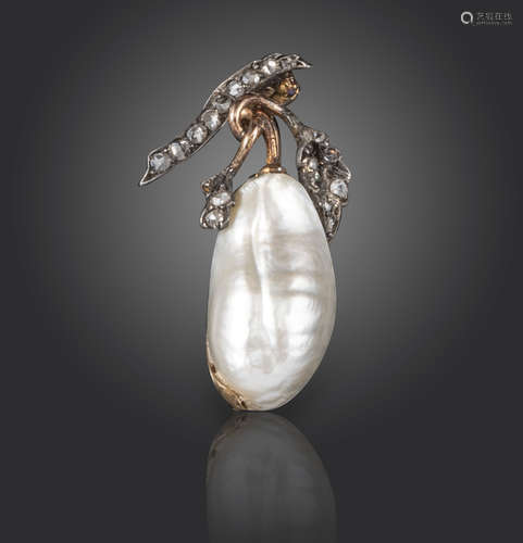 A Victorian blister pearl and diamond foliate brooch, the stylised blister pearl fruit suspends from