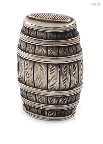 A Victorian novelty silver vesta case, by Joseph Fray, Chester 1885, modelled as an oval barrel,