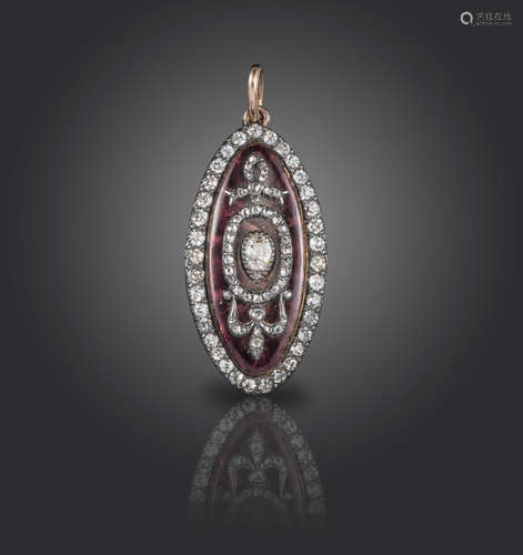 A George III diamond and enamel pendant, the central purple enamel lozenge applied with diamond-