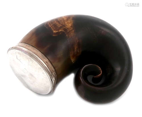 A Victorian silver-mounted snuff mull, by Nathaniel Mills, Birmingham 1838, plain horn form, plain