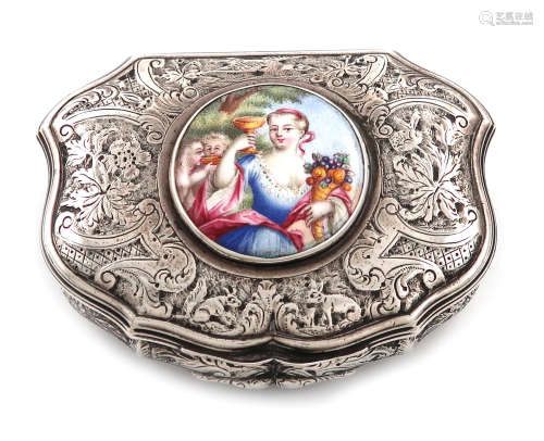 A silver and enamel snuff box, unmarked, probably 18th century cartouche shaped, with chased foliate