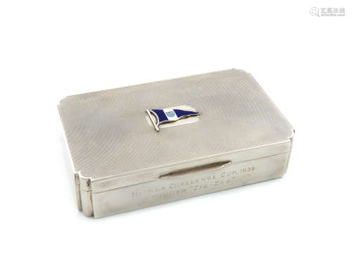 A presentation silver and enamel cigarette box, by Sanders & Mackenzie, Birmingham 1936, rectangular