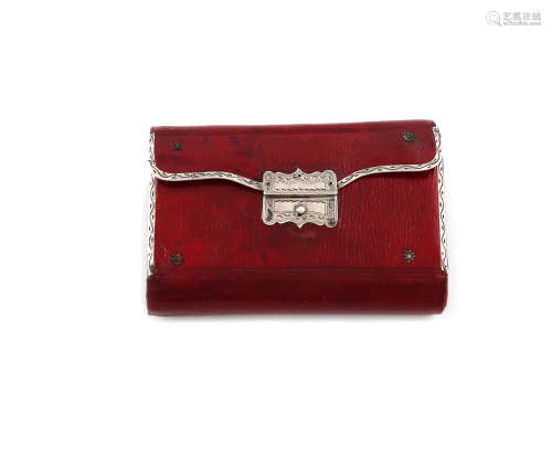 An early 19th century silver-mounted red leather aide memoire / sewing case, unmarked, circa 1810,