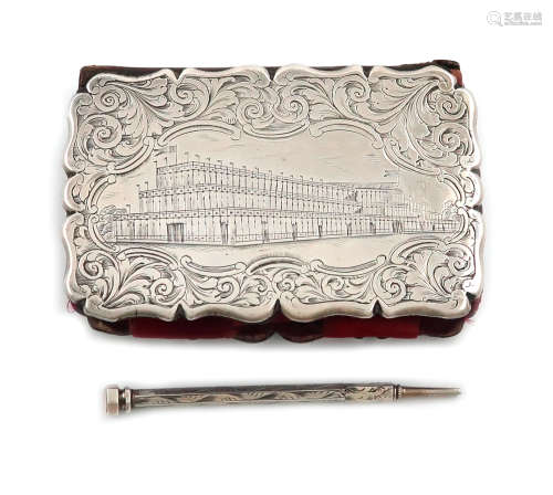 λA Victorian engraved silver aide memoire, Crystal Palace, by Wheeler and Cronin, Birmingham 1850,