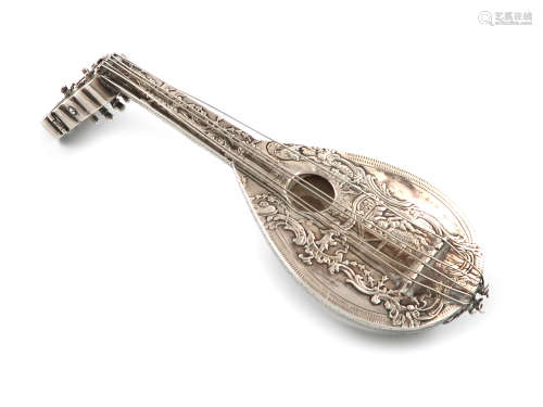 A Dutch novelty silver scent flask, modelled as a mandolin, embossed with figural and foliate scroll