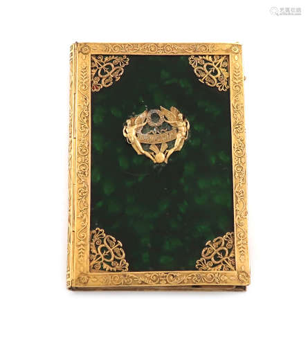 A 19th century French gilt metal mounted aide memoire, rectangular form, the mounts with foliate