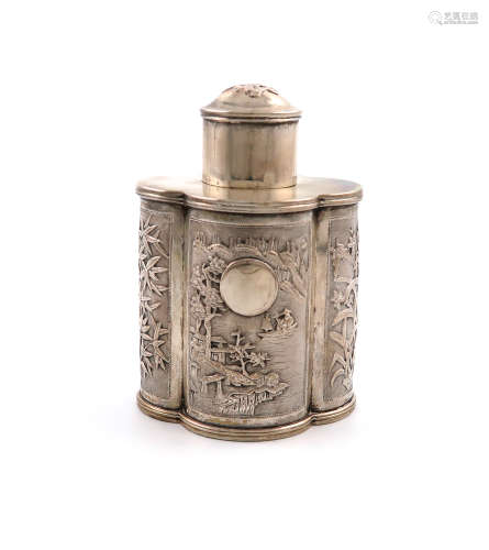 A Chinese silver tea caddy, maker's mark of WA, lobed oval cylindrical form, with panels of