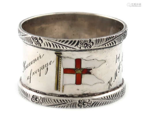 A silver and enamel napkin ring, circular form, enamelled with the house flag of the burgee of Elder