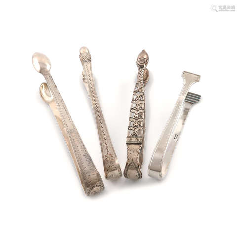 A mixed lot of four pairs of silver sugar tongs, comprising: a provincial pair by Princes and