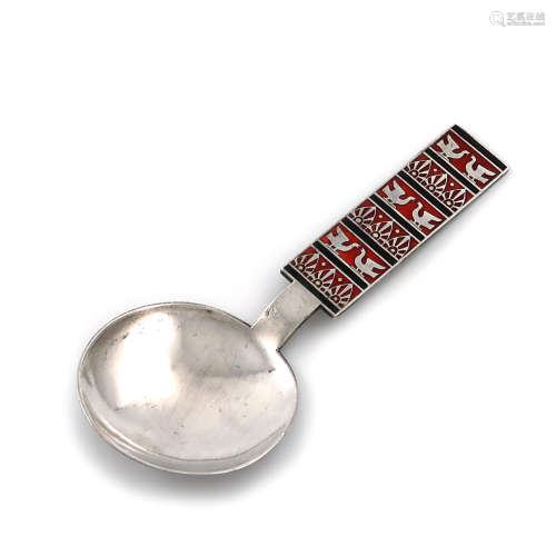 A Scandinavian silver and enamel spoon, with a Russian import mark, the rectangular handle with