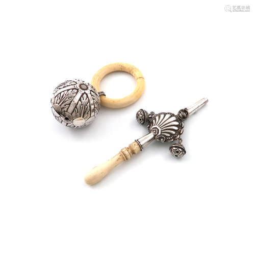 λA French silver-mounted baby's rattle and whistle, tapering form, central shell motif, with two