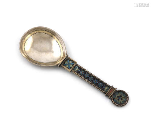 A Norwegian silver-gilt and plique-a-jour enamel spoon, by J. Tostrup, Oslo, fig-shaped bowl, with
