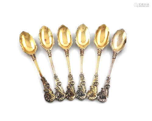 A set of six silver-gilt naturalistic teaspoons, unmarked, probably late-18th century, shell