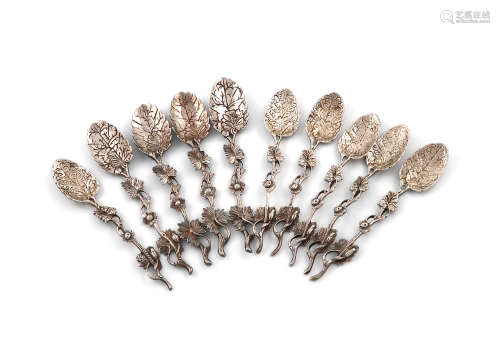 A set of six cast silver naturalistic teaspoons, unmarked, probably 19th century, leaf shaped bowls,