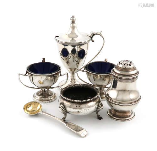 A mixed lot of silver items, various dates and makers, comprising: a mustard pot, by Holland,
