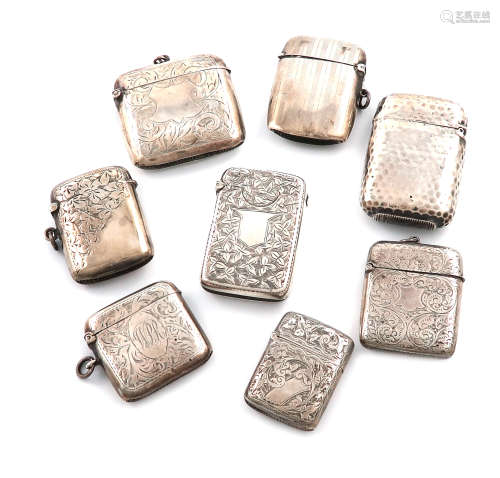 A collection of eight silver vesta cases, various dates and makers, comprising one with spot-