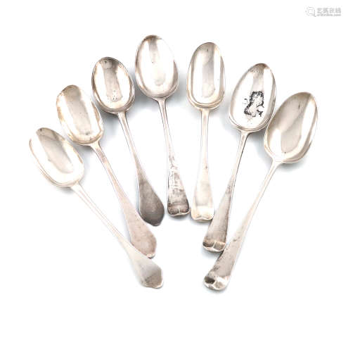 A mixed lot of seven early 18th century silver tablespoons, comprising: a Dog-nose spoon, with