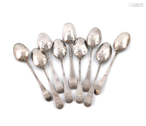A set of six George III silver 'picture-back' Hanoverian pattern teaspoons, probably by William