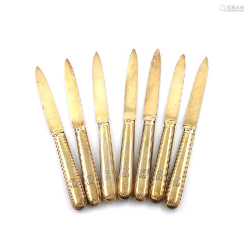 A set of seven 18th century French silver-gilt dessert knives, by Jean Louis Outrebon, Paris 1788,