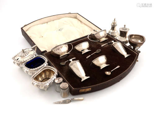 A mixed lot of silver items, comprising: a six piece Art Deco silver condiment set, by Walker and