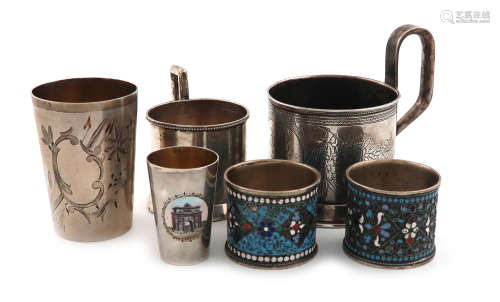 A mixed lot of Russian silver items, comprising: a tea glass holder, 1891, circular form, engraved