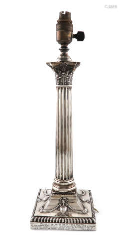 An Edwardian silver lamp stand, by J. B. Carrington, London 1904, Corinthian Column form, drilled