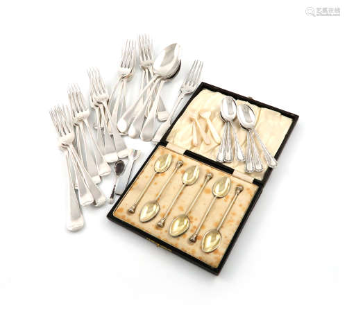 A mixed lot of silver flatware, comprising: fourteen Old English pattern dessert forks, various