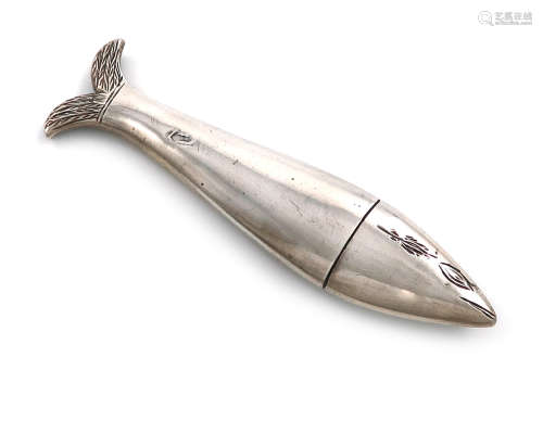 A probably 19th silver novelty needle case, marks worn, probably Dutch, modelled as a fish, with