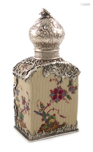 A late 19th century German silver-mounted Meissen tea caddy, the mounts by Elimeyer, upright
