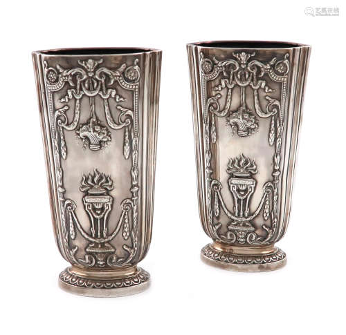 A pair of French silver vases, maker's mark LXS in a lozenge, tapering shaped oblong form,
