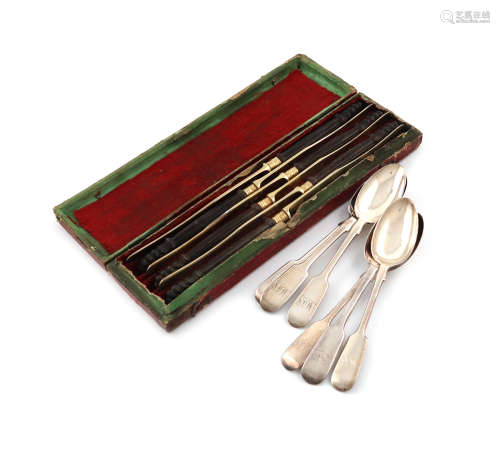 A set of six Austrian silver-gilt fruit knives, carved wooden handles, plain blades, in a fitted
