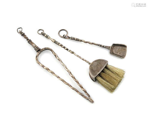 A late 18th century Dutch matched, silver miniature fire irons set, the brush with Amsterdam