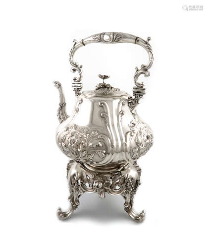 λA Victorian electroplated kettle on stand, by Elkington and Co., 1853, baluster form, embossed