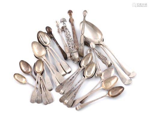 A mixed lot of silver flatware, various dates and makers, comprising: two Hanoverian pattern