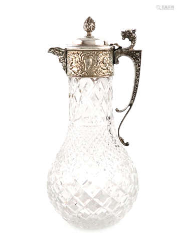 A modern electroplated mounted claret jug, unmarked, the baluster cut glass body with hob-nail