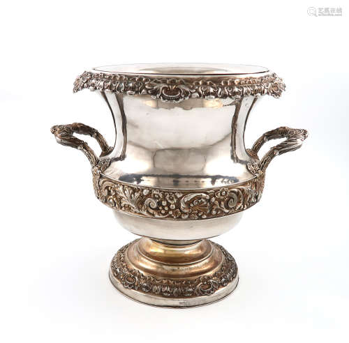An early 19th century old Sheffield plated wine cooler, circa 1830, campana form, embossed foliate