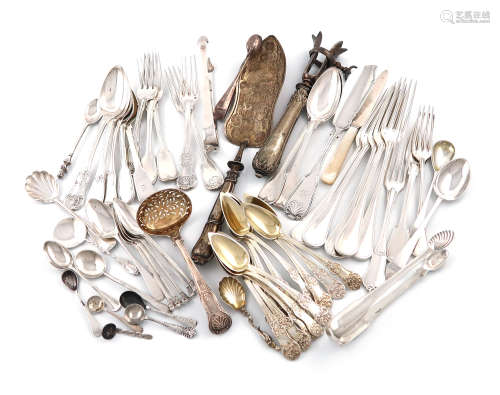 A mixed lot of French and English silver flatware, various dates and makers, comprising: five