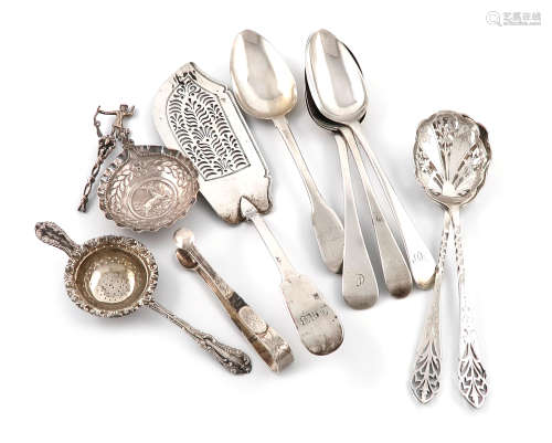 A mixed lot of silver flatware, various dates and makers, comprising: a George IV Fiddle pattern