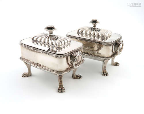 A pair of George III Old Sheffield plated sauce tureens and covers, circa 1810, rounded