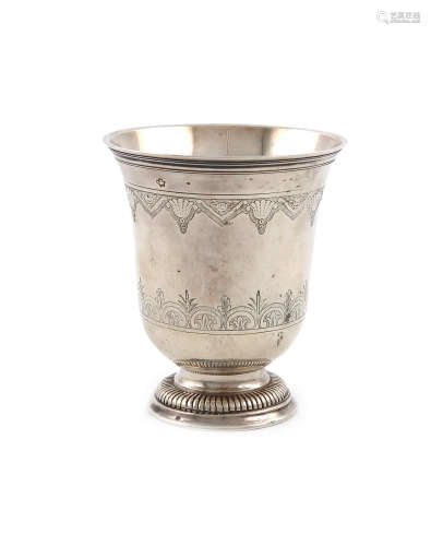 An 18th century French silver beaker, by Jaques Dugay, Paris 1732, tapering circular form, chased