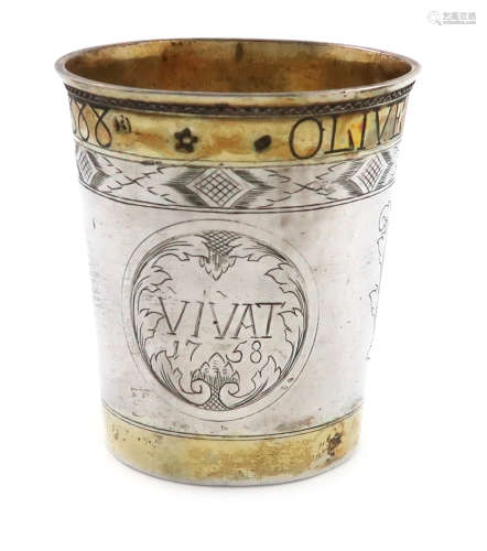 An 18th century continental parcel-gilt silver beaker, marks unidentified, possibly Scandinavian,