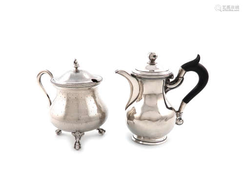 A French silver mustard pot, by Harleux, baluster form, engine-turned and dot decoration, scroll