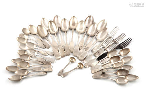 A collection of silver Fiddle pattern flatware, various dates and makers, comprising: eleven